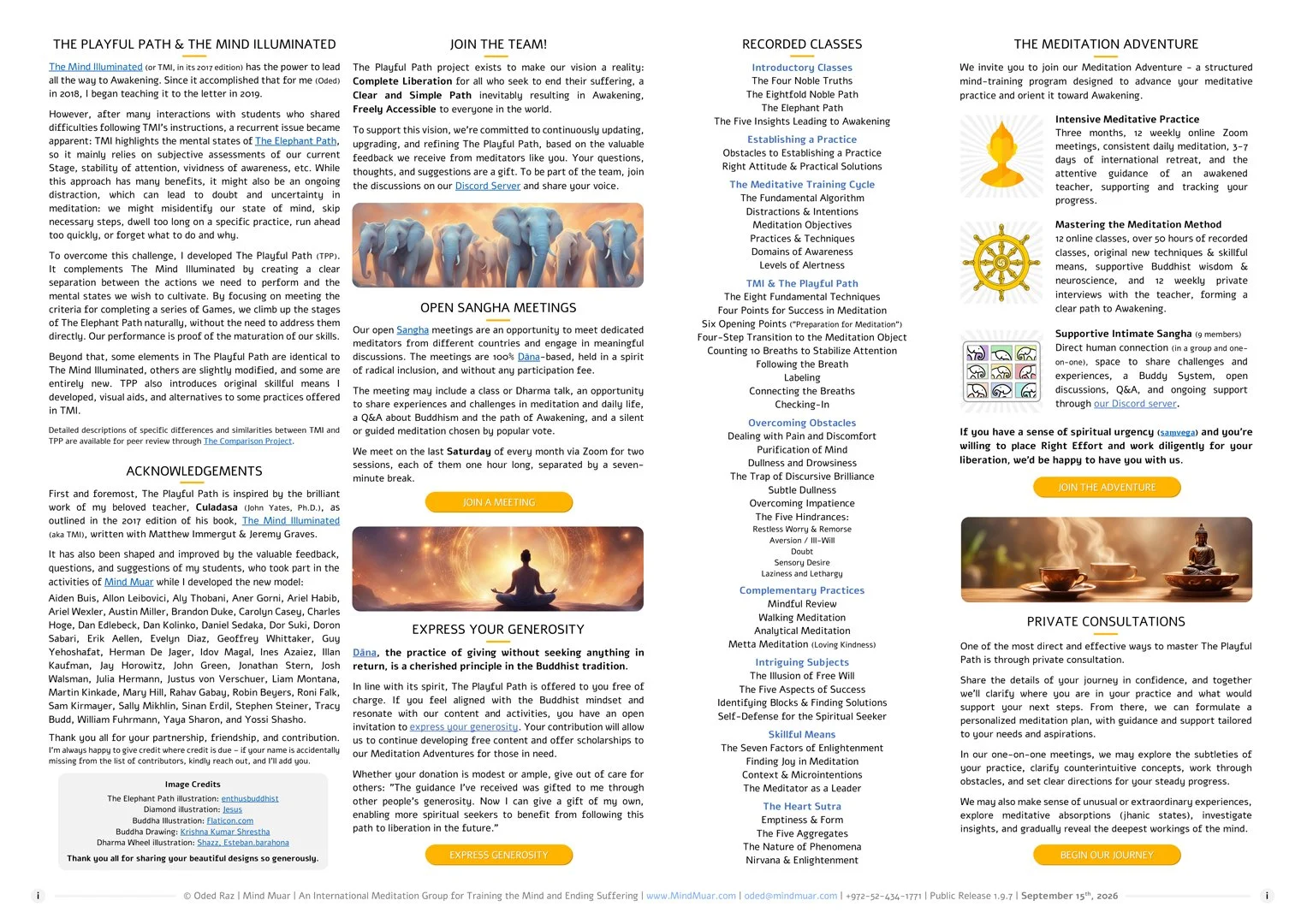 Four-column resource page with acknowledgments, community and donation invitations, recorded classes, and options for meditation guidance.
