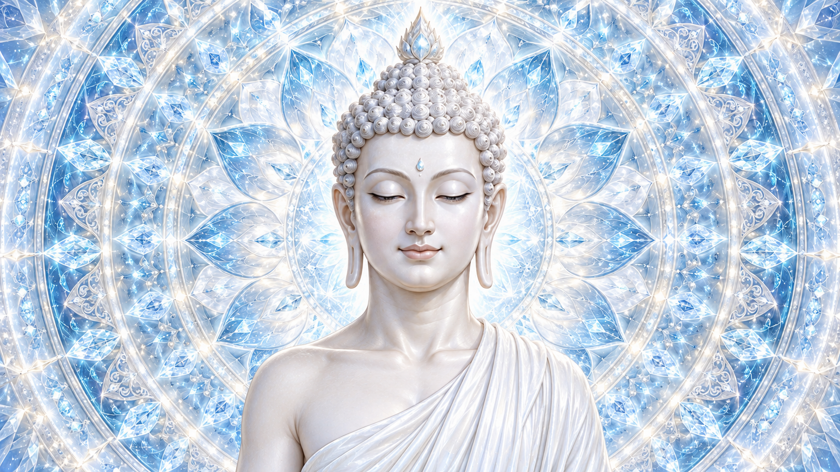 White Buddha with closed eyes and a draped robe before a sparkling blue-and-white mandala.