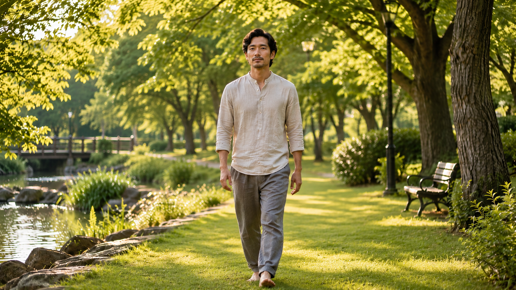 A centered meditator walks barefoot on sunlit grass in a peaceful park, practicing Walking Meditation with open eyes and a calm, grounded presence.