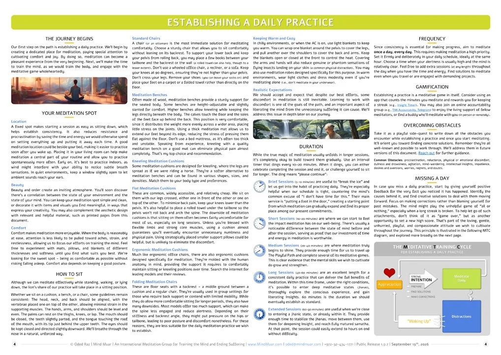 Four-column daily practice guide with sections on motivation, posture, session duration, frequency, and overcoming obstacles.