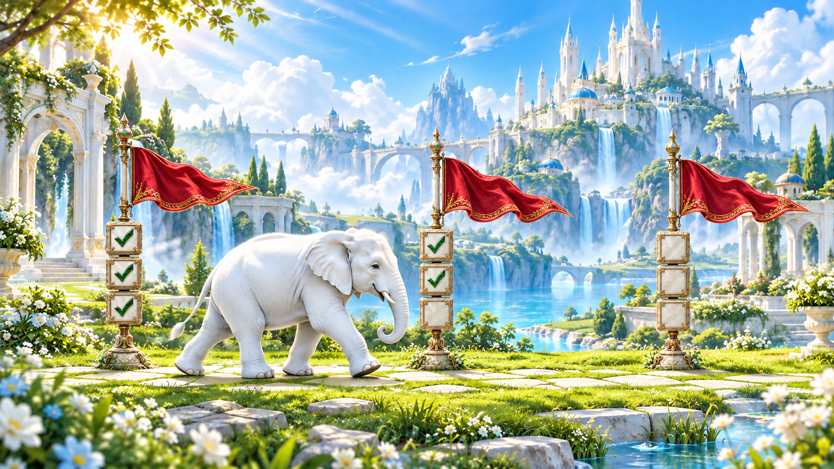 White elephant walking through a sunlit fantasy garden, with red flags and framed checklists marking the path.