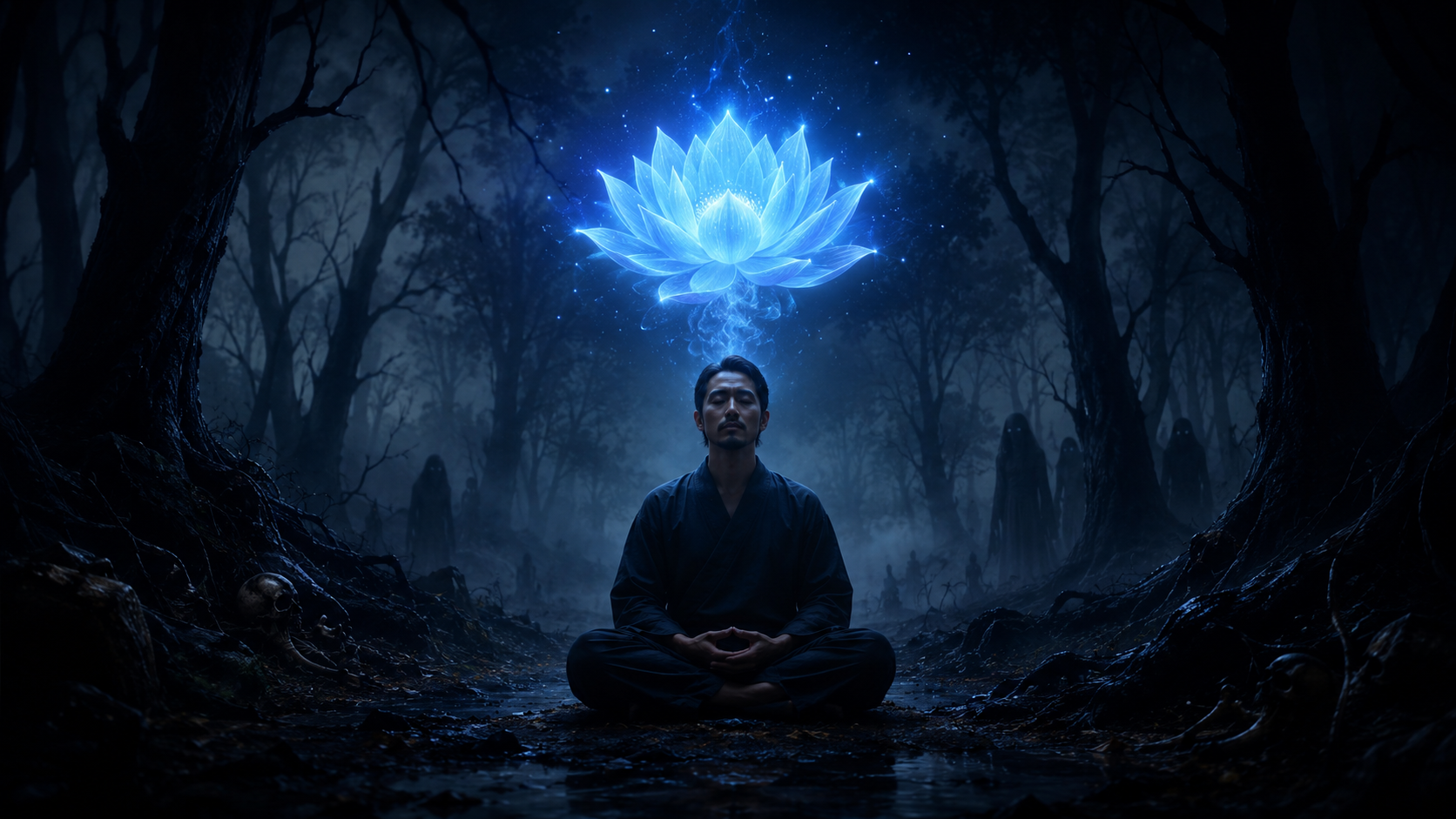 A meditator sits calmly in a dark, misty forest while a radiant blue lotus glows above his head, symbolizing hope and Metta amid fear, depression, and anxiety.