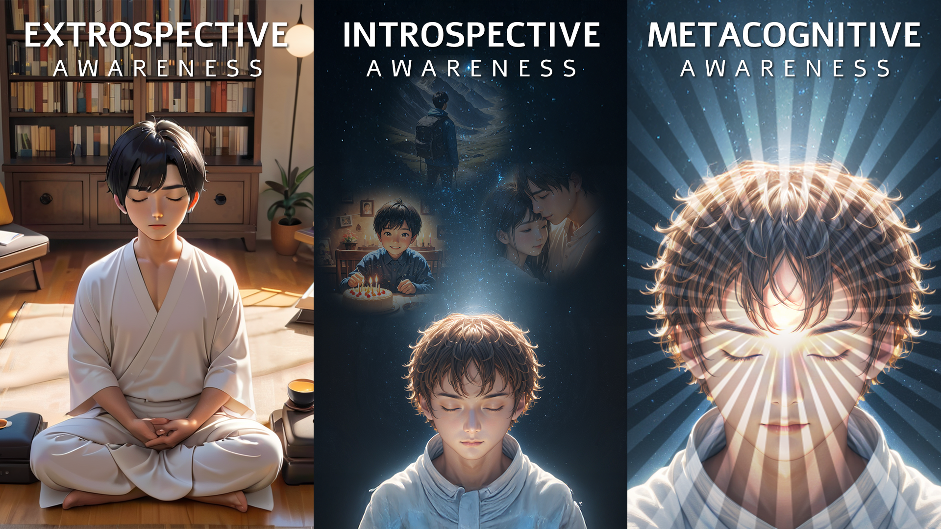 The three domains of Awareness: Extrospective Awareness, Introspective Awareness, and Metacognitive Introspective Awareness.