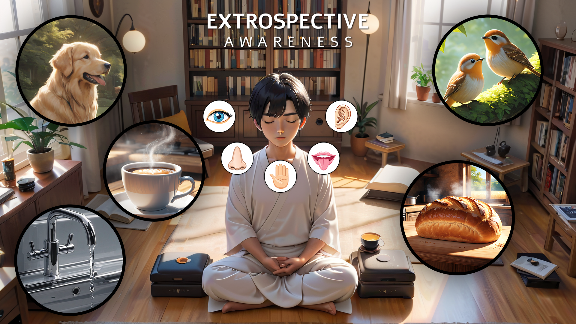 Extrospective Awareness illustrated through sensory experience, including sights, sounds, smells, tastes, and physical sensations.