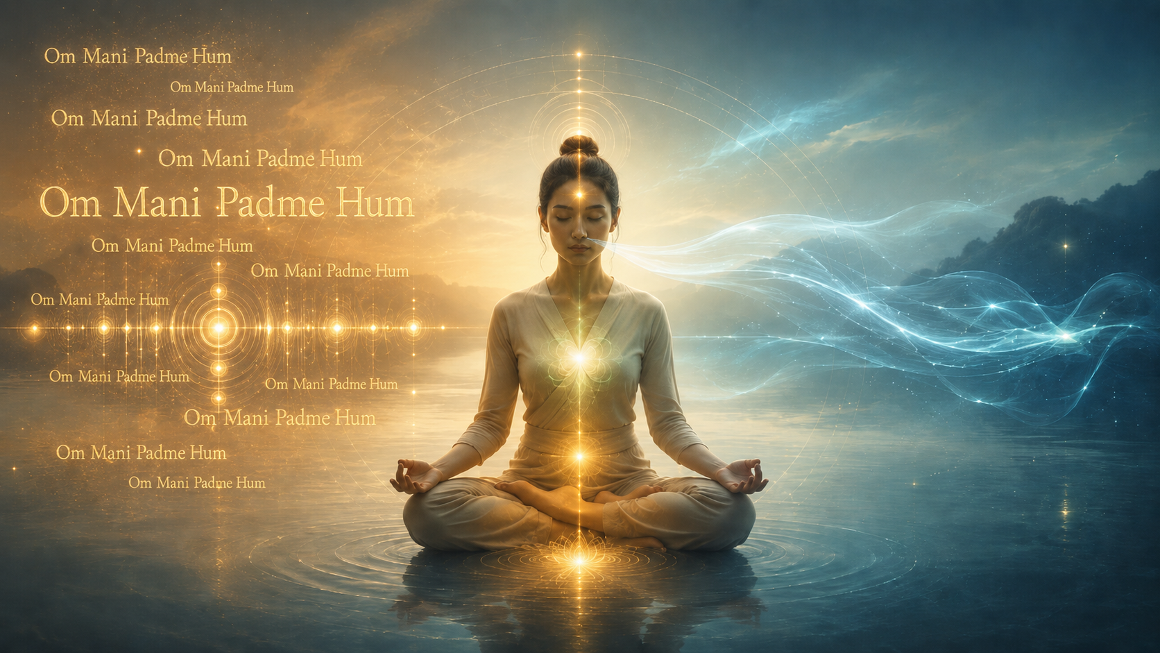 A serene meditator sits between repeated golden “Om Mani Padme Hum” mantras and flowing blue breath-like currents, symbolizing mantra and breath meditation.