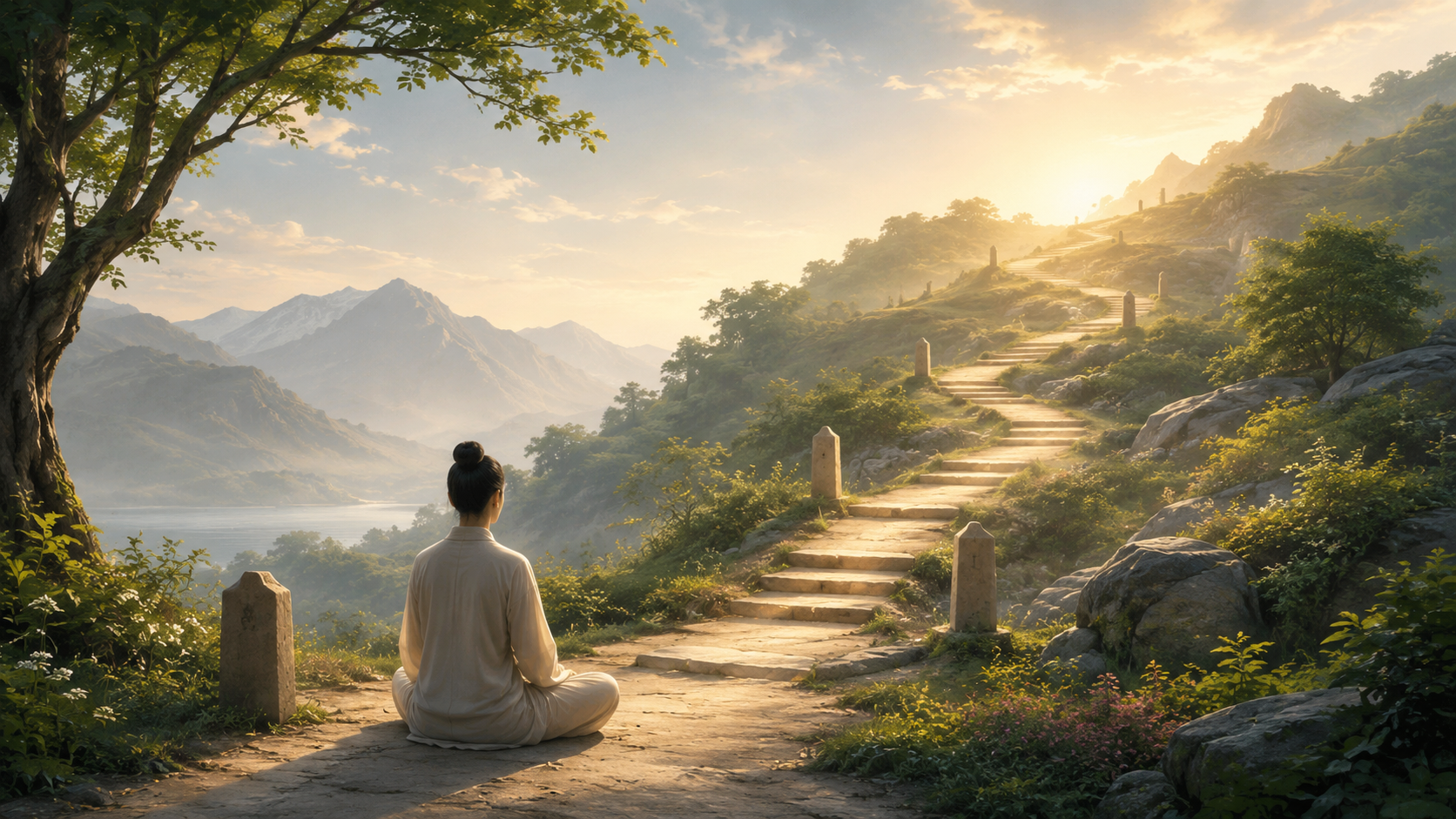 A meditator sits at the base of a sunlit mountain path, with gentle stone markers leading upward through a peaceful landscape, symbolizing step-by-step progress through the stages of meditation.