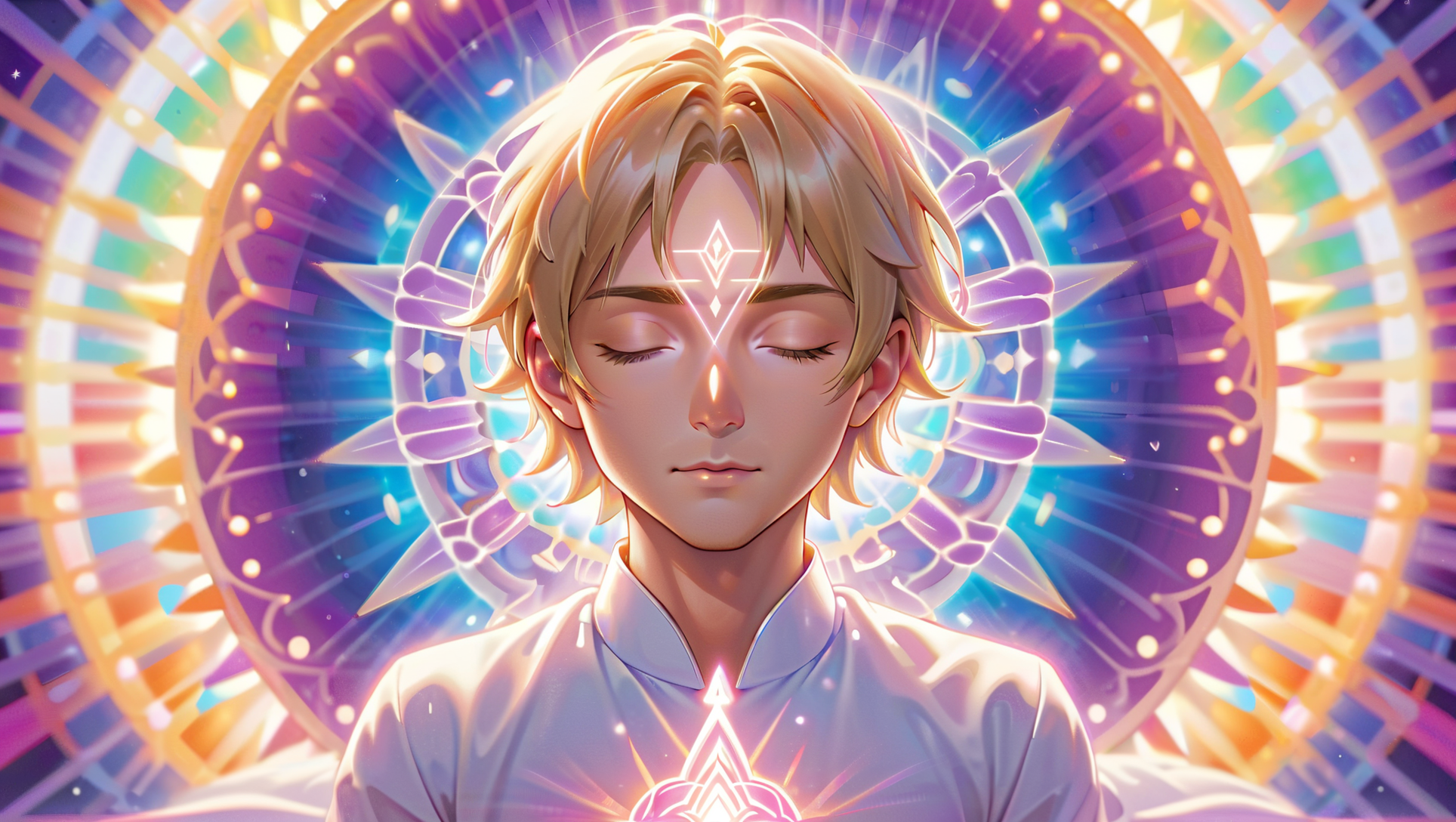 Fantasy portrait of a meditator with closed eyes, glowing forehead and chest symbols, and a radiant mandala behind the head.