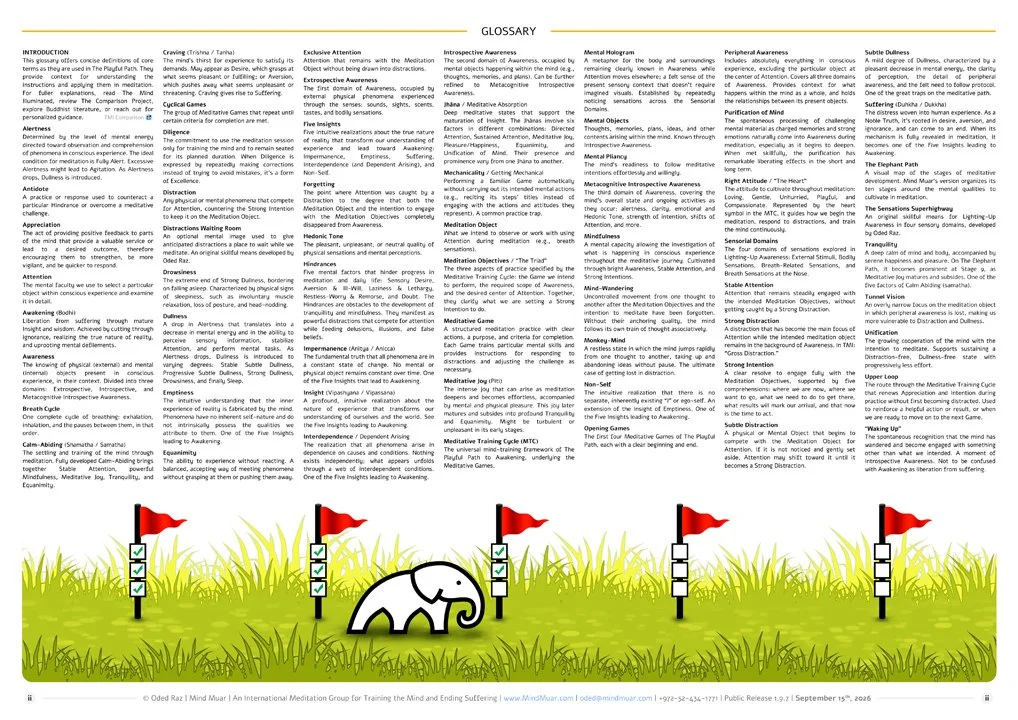 Glossary page with compact columns of meditation definitions above a white elephant and red milestone flags.