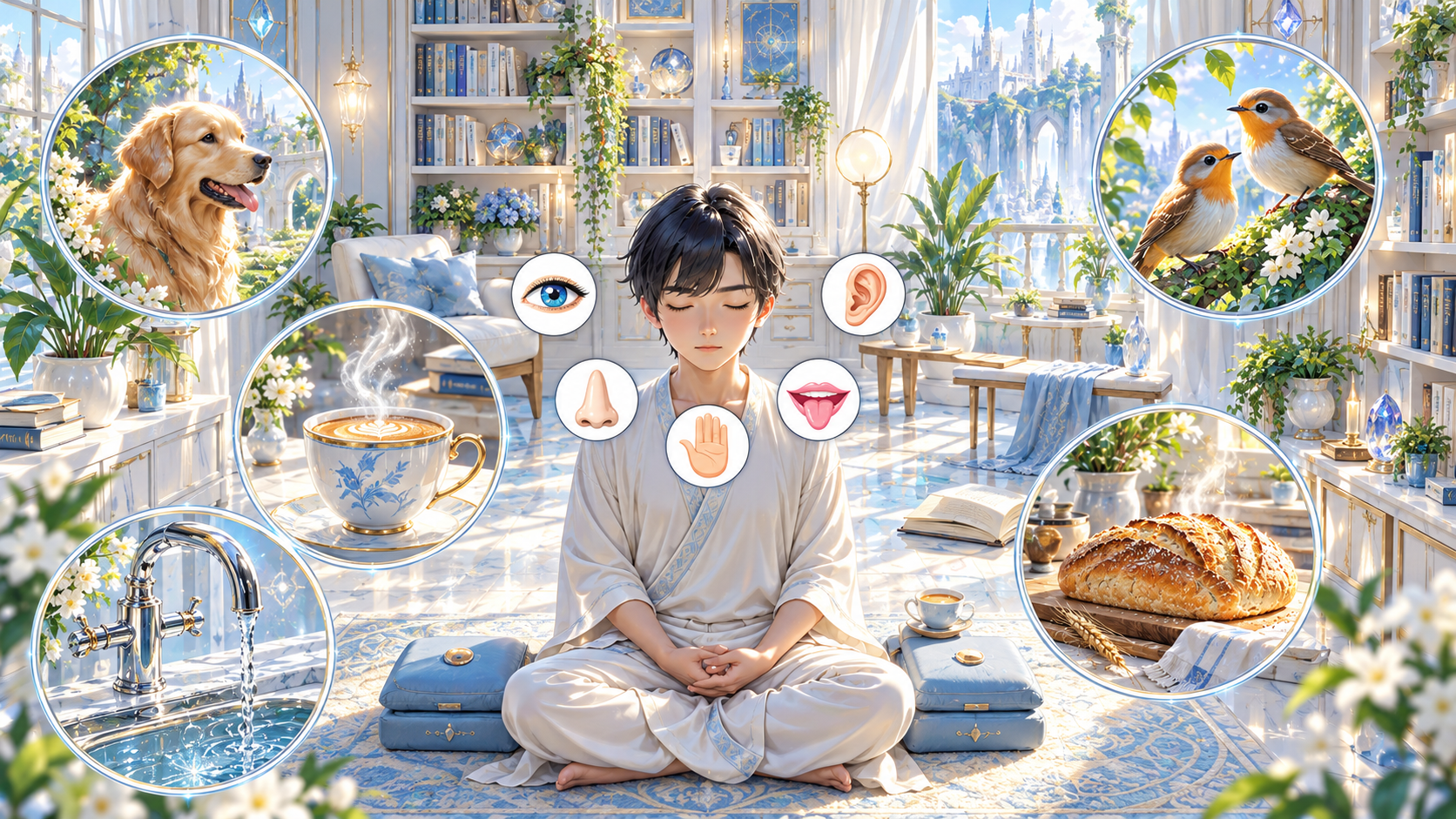 Meditator in a bright library, surrounded by symbols of the five senses and circular views of a dog, birds, tea, bread, and running water.