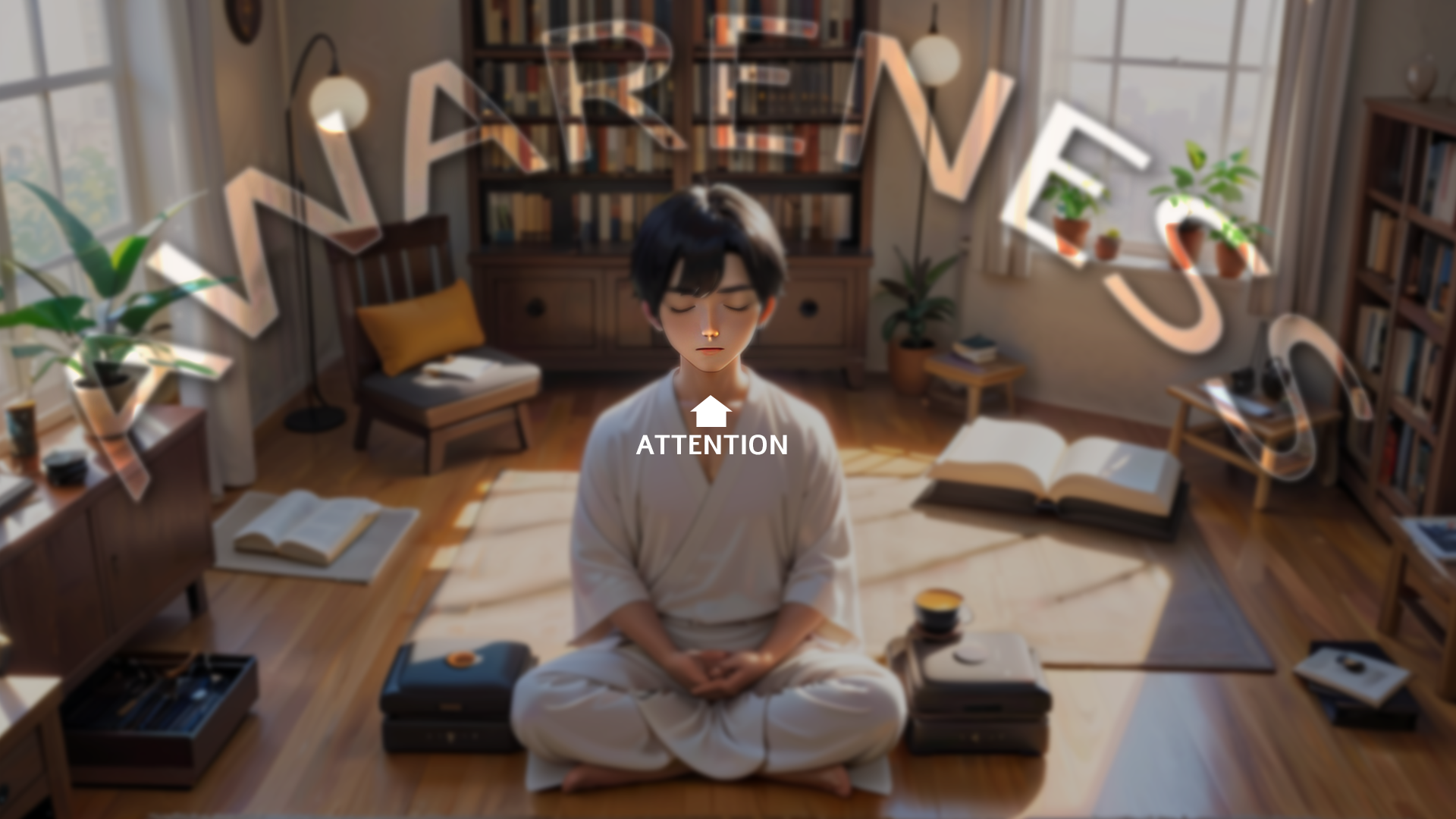 Meditator balancing focused Attention with broad Peripheral Awareness of the surrounding environment.