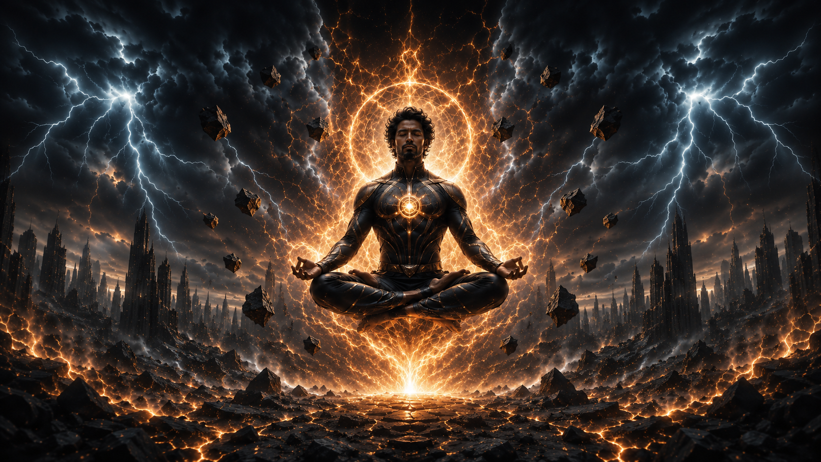 Cinematic hero image of a meditating superhero levitating at the center of a symmetrical storm-lit wasteland, surrounded by lightning, fiery energy, floating rocks, and a ruined city skyline.