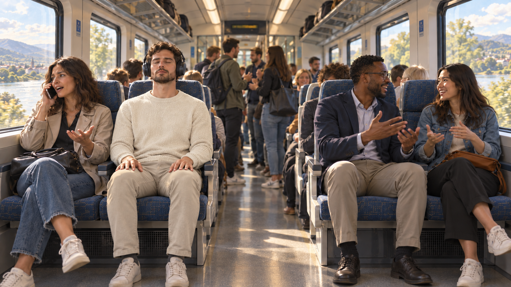 A man in light clothing meditates upright with black headphones on a crowded train while nearby passengers chat and a woman talks on her phone.