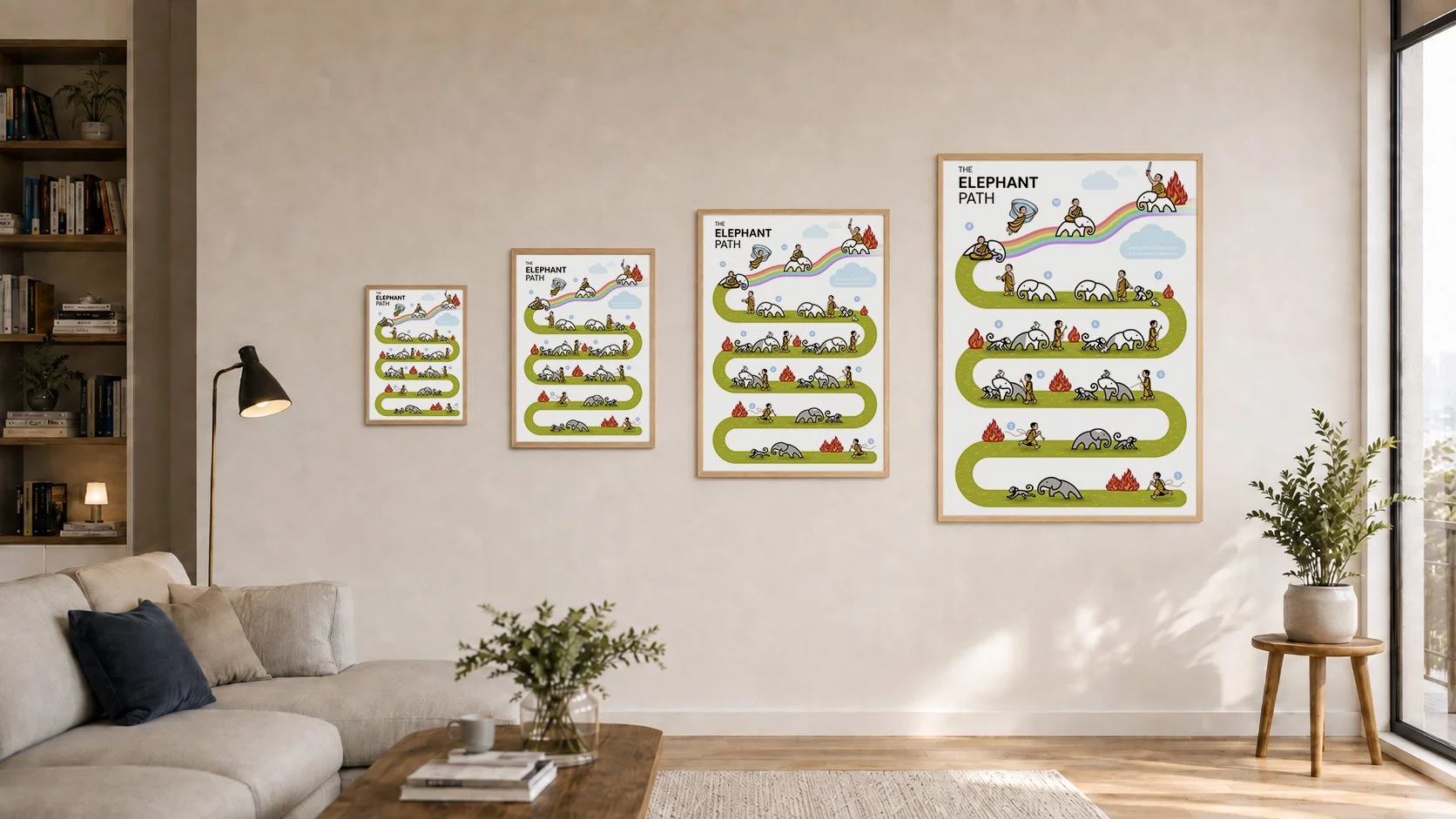 The Elephant Path Illustration poster in A3, A2, A1, and A0 sizes, framed on a living-room wall for scale.