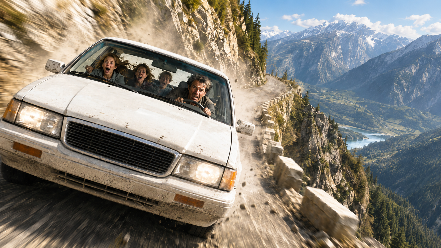 A white car races uncontrollably down a bright mountain cliff road, kicking up dust and debris as terrified passengers scream from the back seat