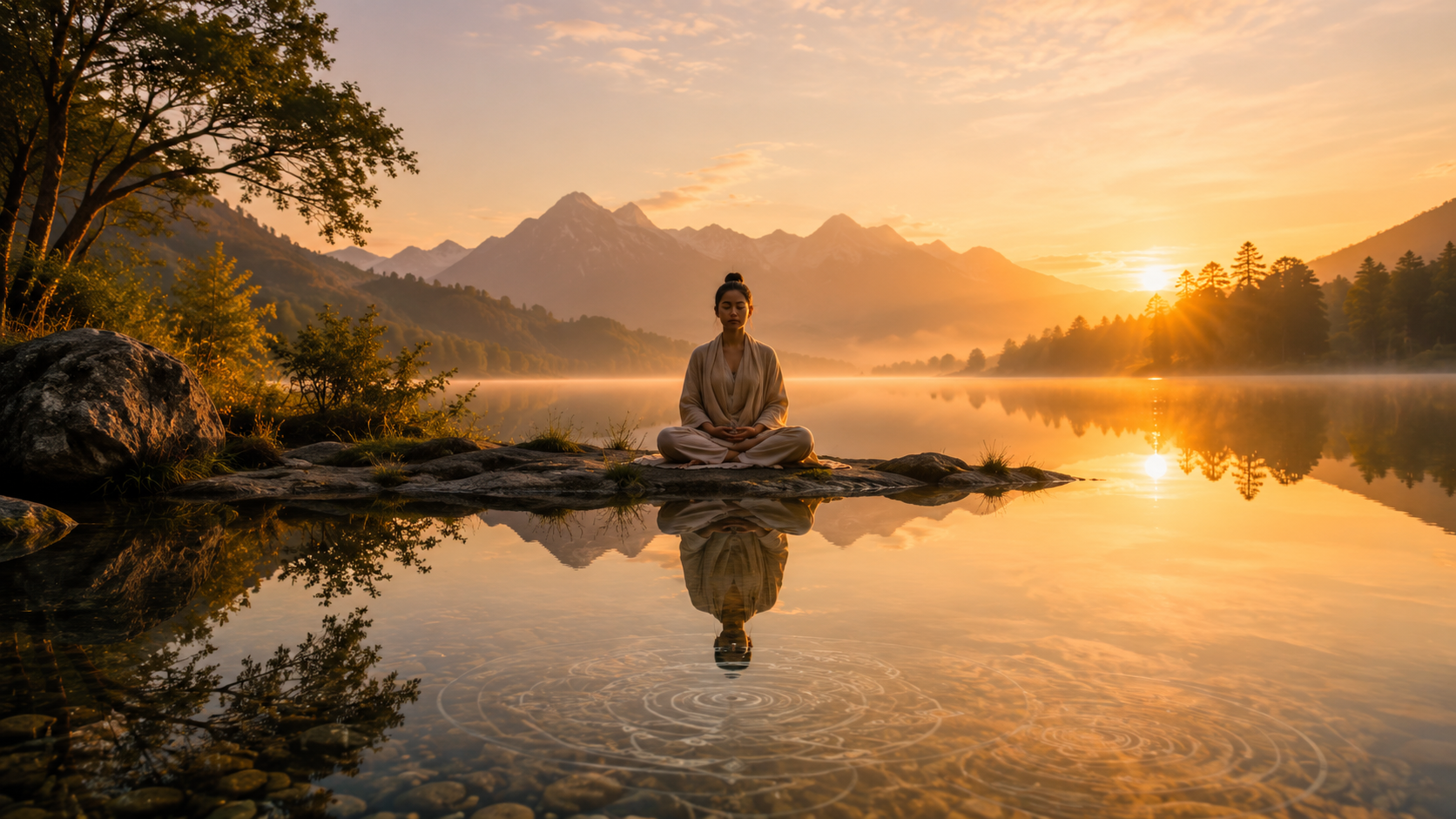 A meditator sitting peacefully at the edge of a still lake at sunrise, with mountains in the background and the golden sky reflected in the water. Subtle ripples and circular patterns appear beneath the water’s surface.