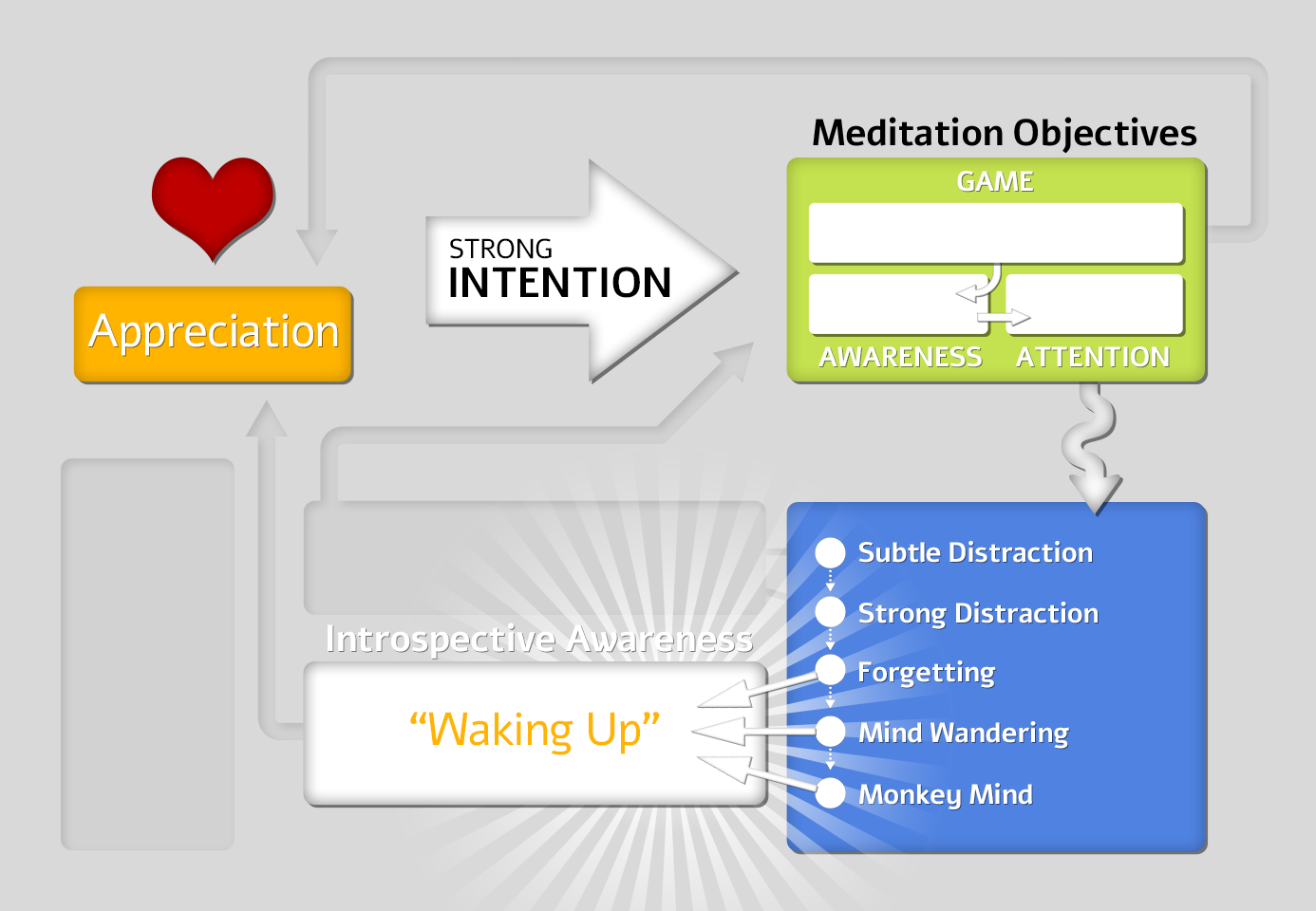 Meditative Training Cycle diagram showing Introspective Awareness triggering Waking Up from different stages of distraction, from Subtle Distraction through Monkey Mind.
