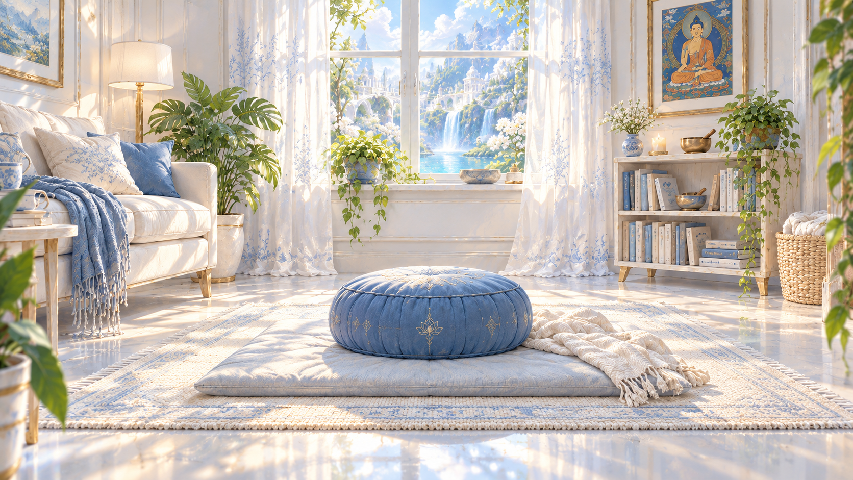 Blue meditation cushion on a rug beside a blanket in a sunlit room with plants, books, and Buddhist artwork.