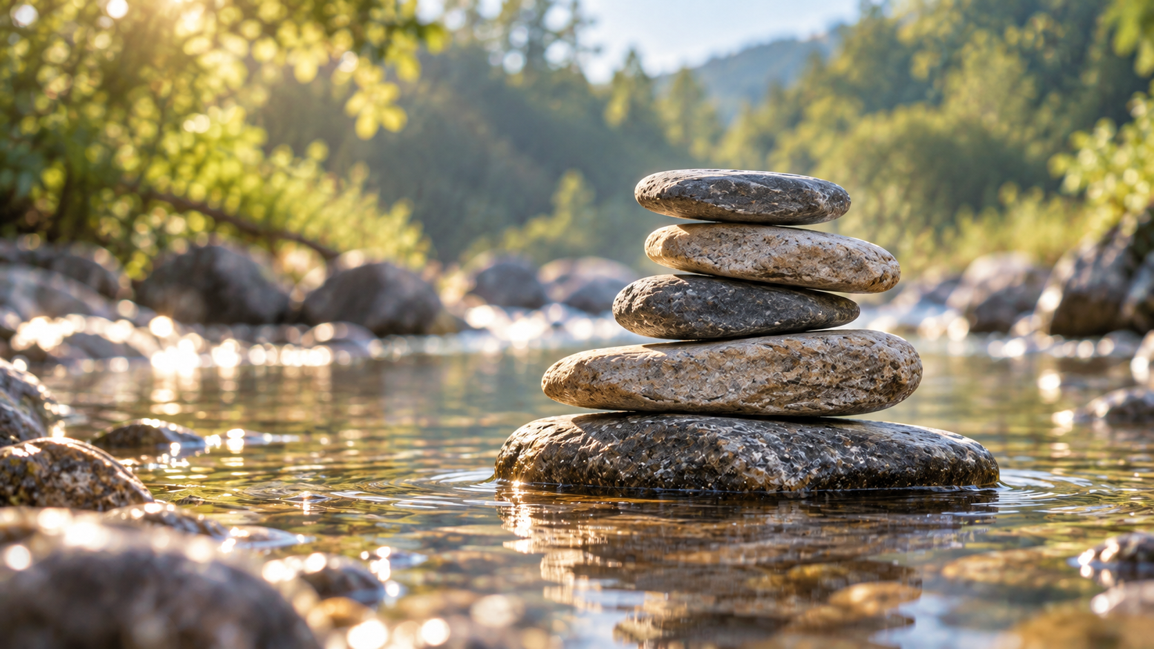 Five flat river stones balanced in a sunlit stream, reflected in the water below.