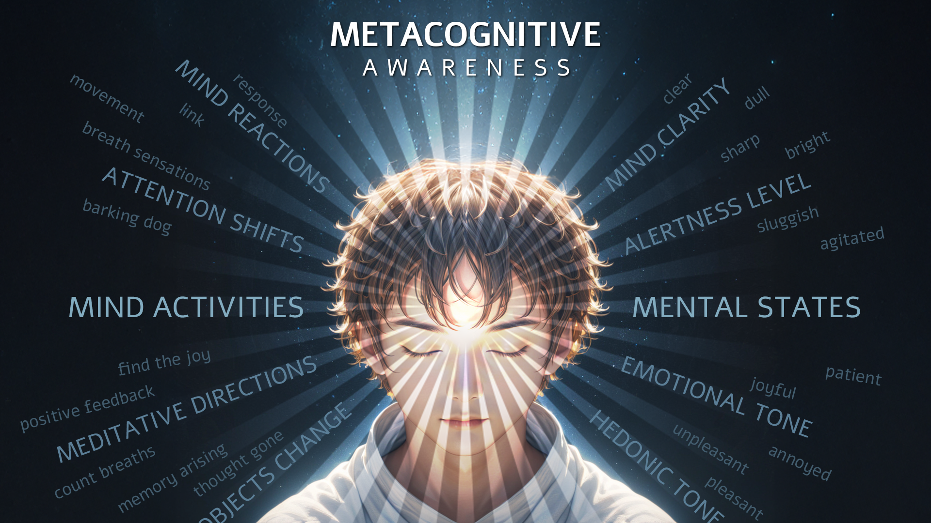 Metacognitive Introspective Awareness illustrated as observing the mind in real time, including attention shifts, mental states, emotional tone, clarity, alertness, and ongoing mind activities.