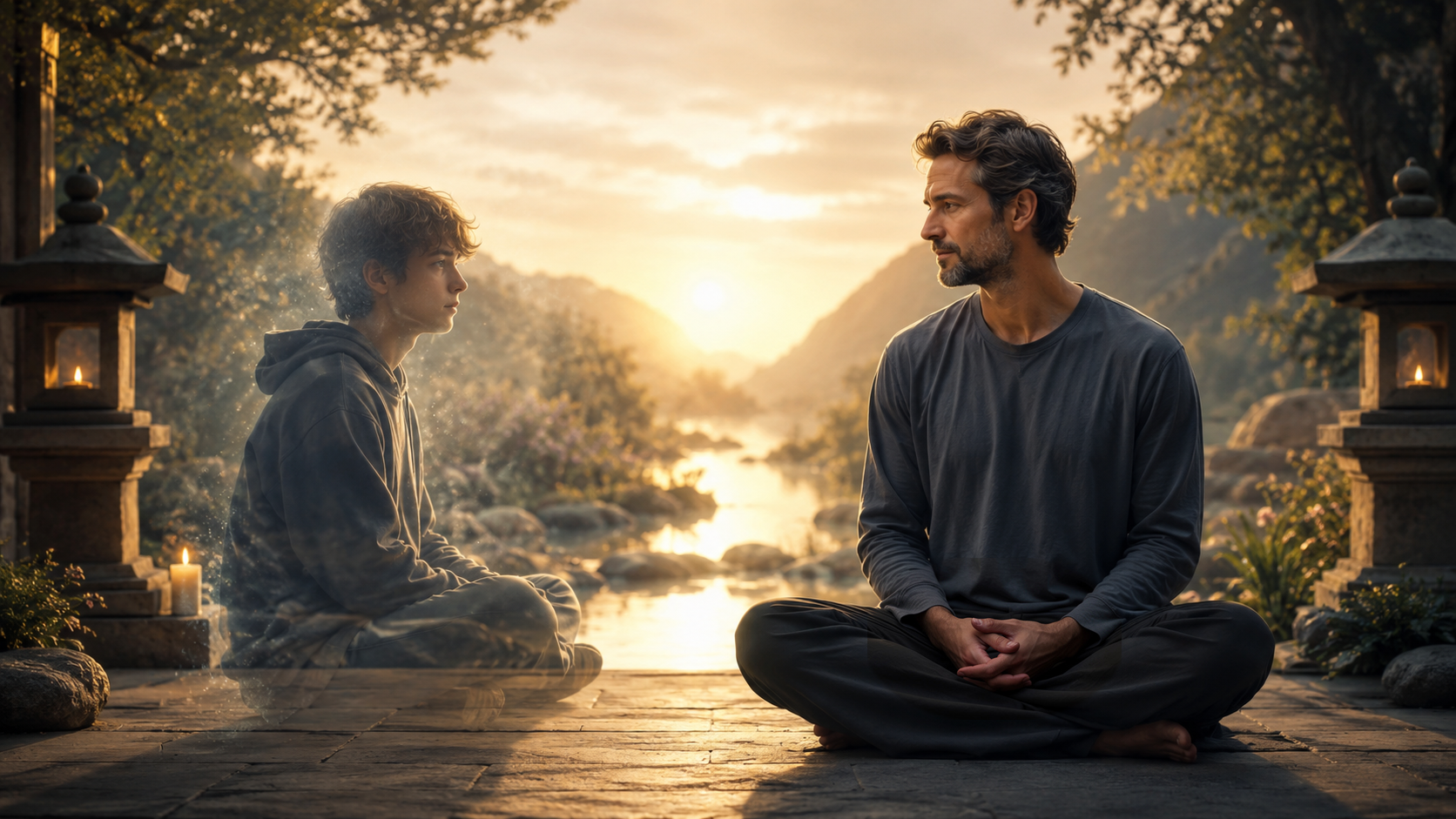 A middle-aged meditator sits facing a translucent younger version of himself in a serene temple garden, reflecting on past practice and present discouragement.