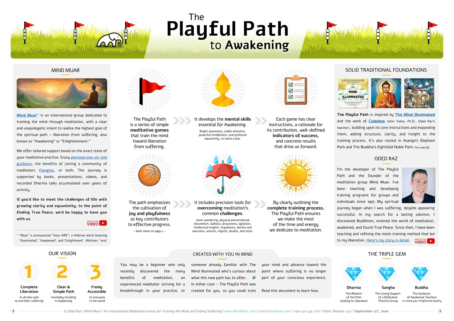 Cover page of The Playful Path to Awakening, with an elephant and milestone flags above illustrated explanations of the method.