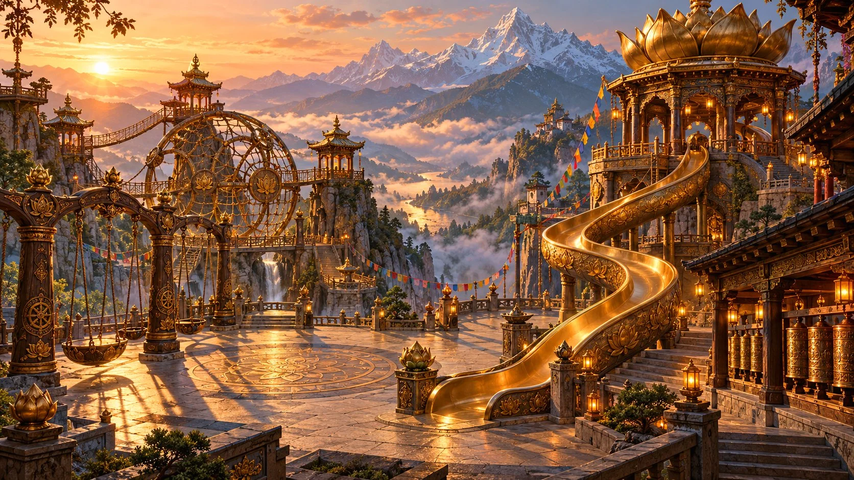 A fantastical Buddhist monastery playground with a golden slide, ornate swings, and suspended bridges, illuminated by warm lanterns and a low sun above a misty mountain valley.