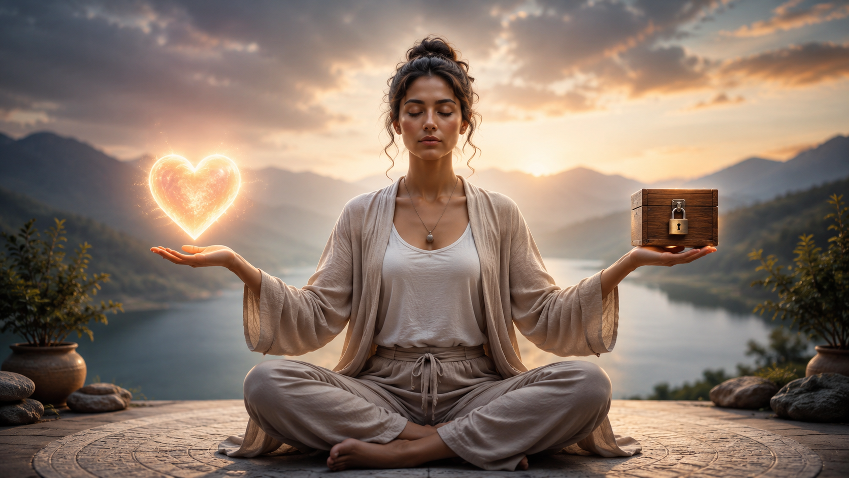 A calm meditator sits with arms extended, balancing a glowing heart symbolizing forgiveness in one hand and a locked wooden box symbolizing detachment in the other.