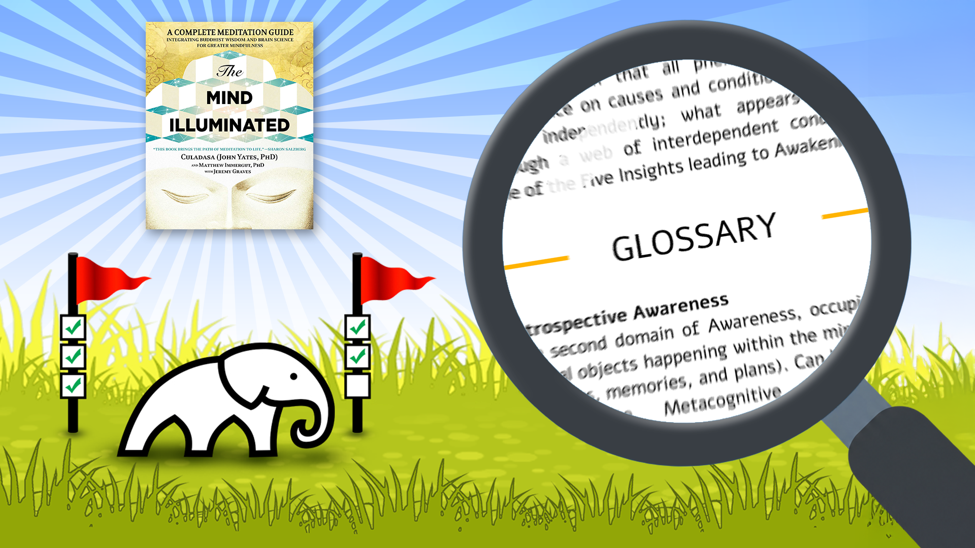 The Mind Illuminated book cover beside a magnifying glass enlarging The Playful Path’s glossary, with a white elephant in a grassy field marked by red progress flags.