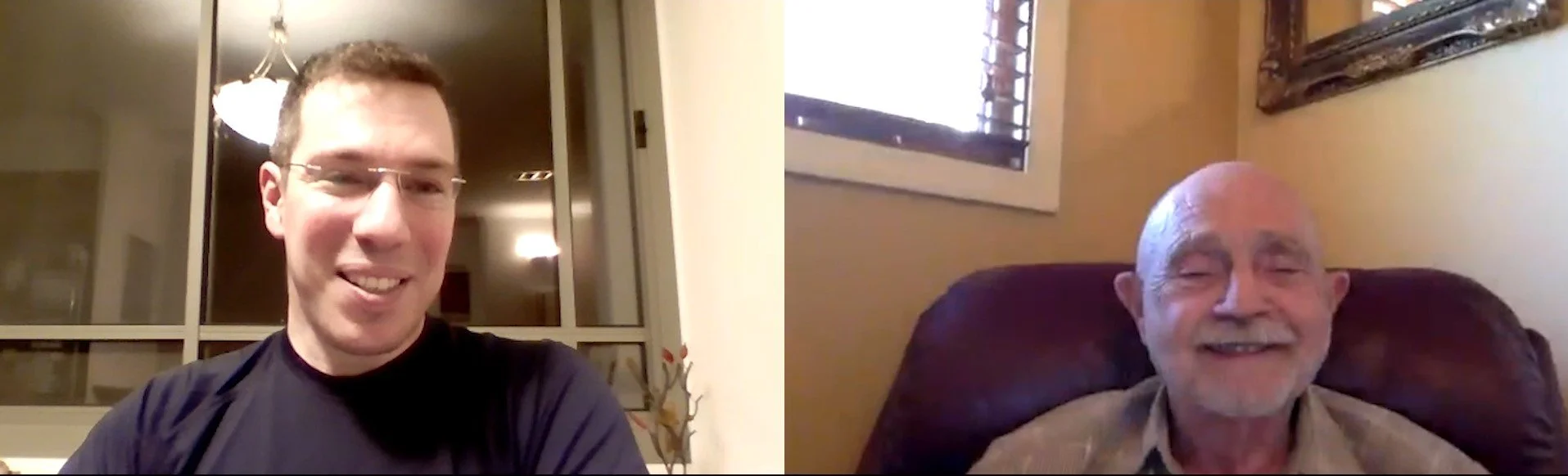 Oded Raz and Culadasa (John Yates) smiling during a video conversation.
