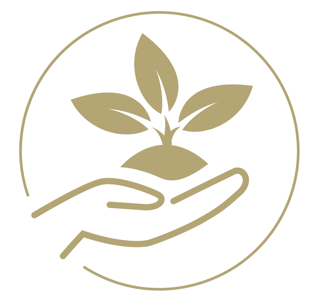 A circular logo featuring a stylized hand holding a plant with five leaves.