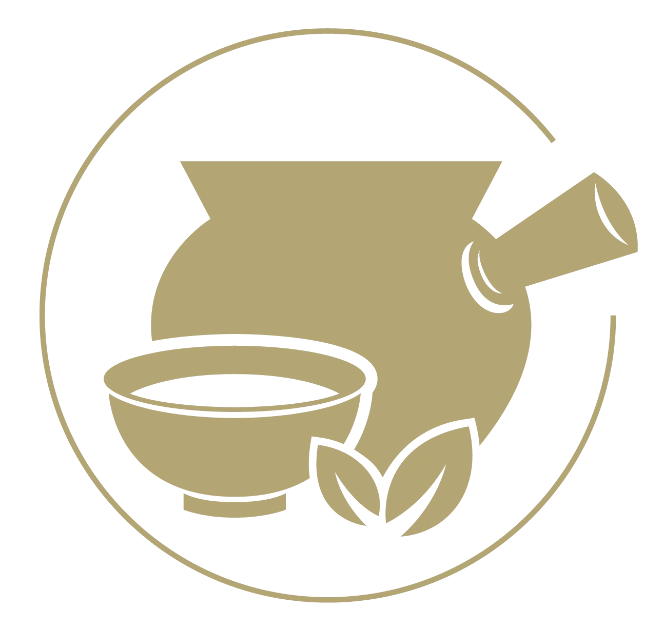 A logo featuring a teapot, a bowl, and two leaves, all in a beige color, enclosed in a circle.