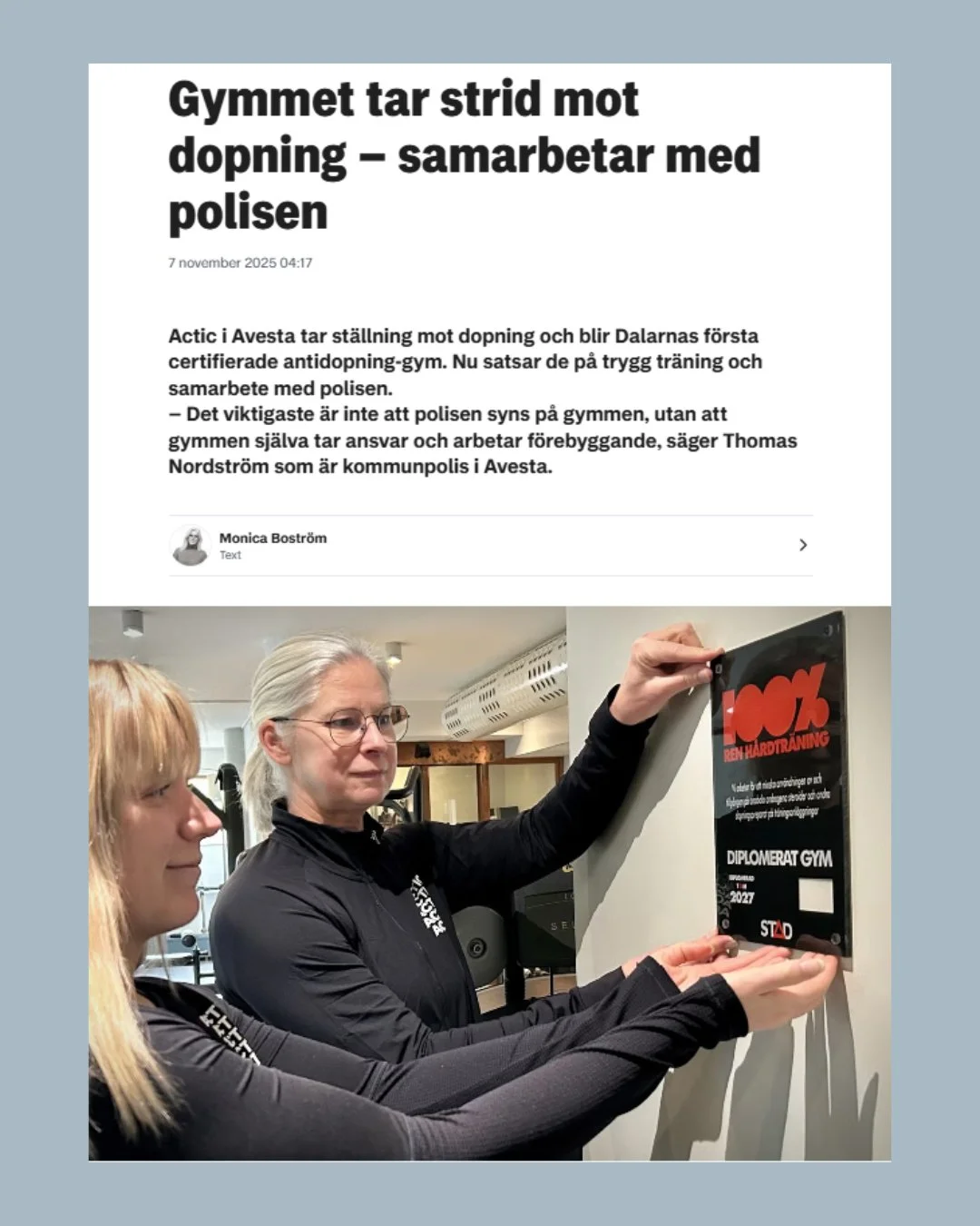 100 % ren h&aring;rdtr&auml;ning i Dalarna 💯
Nu har Actic Avesta blivit ett certifierat gym! 💪🏽
 
Kul med det f&ouml;rsta diplomerade gymmet i Dalarna &ndash; nu ser vi till att det blir fler! 💯✨
 
L&auml;s hela artikeln via l&auml;nken i v&aring