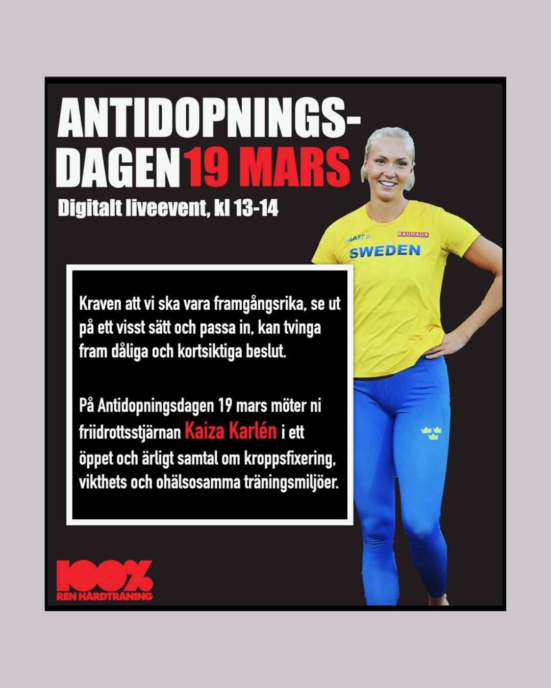 Idag &auml;r det en m&aring;nad kvar till Antidopningsdagen den 19 mars, en dag vi uppm&auml;rksammar tillsammans med n&auml;tverket f&ouml;r att s&auml;tta dopningsfr&aring;gan p&aring; kartan 💙
 
Kl. 13.00 p&aring; Antidopningsdagen s&auml;nder vi