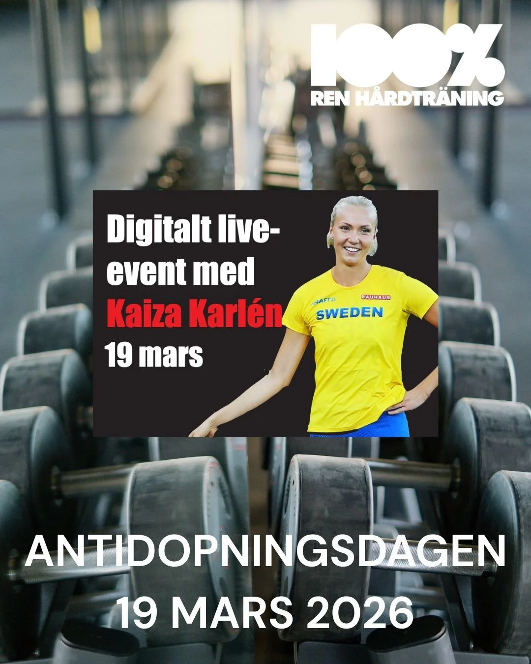 Antidopningsdagen - Nu k&ouml;r vi 💯
 
Imorgon kl 13.00 lives&auml;nder vi eventet "Osund Kroppsfixering".
Ett viktigt och &auml;rligt samtal om normer, kroppsideal och v&auml;gen mot en mer h&aring;llbar idrott tillsammans med Jonas Karls