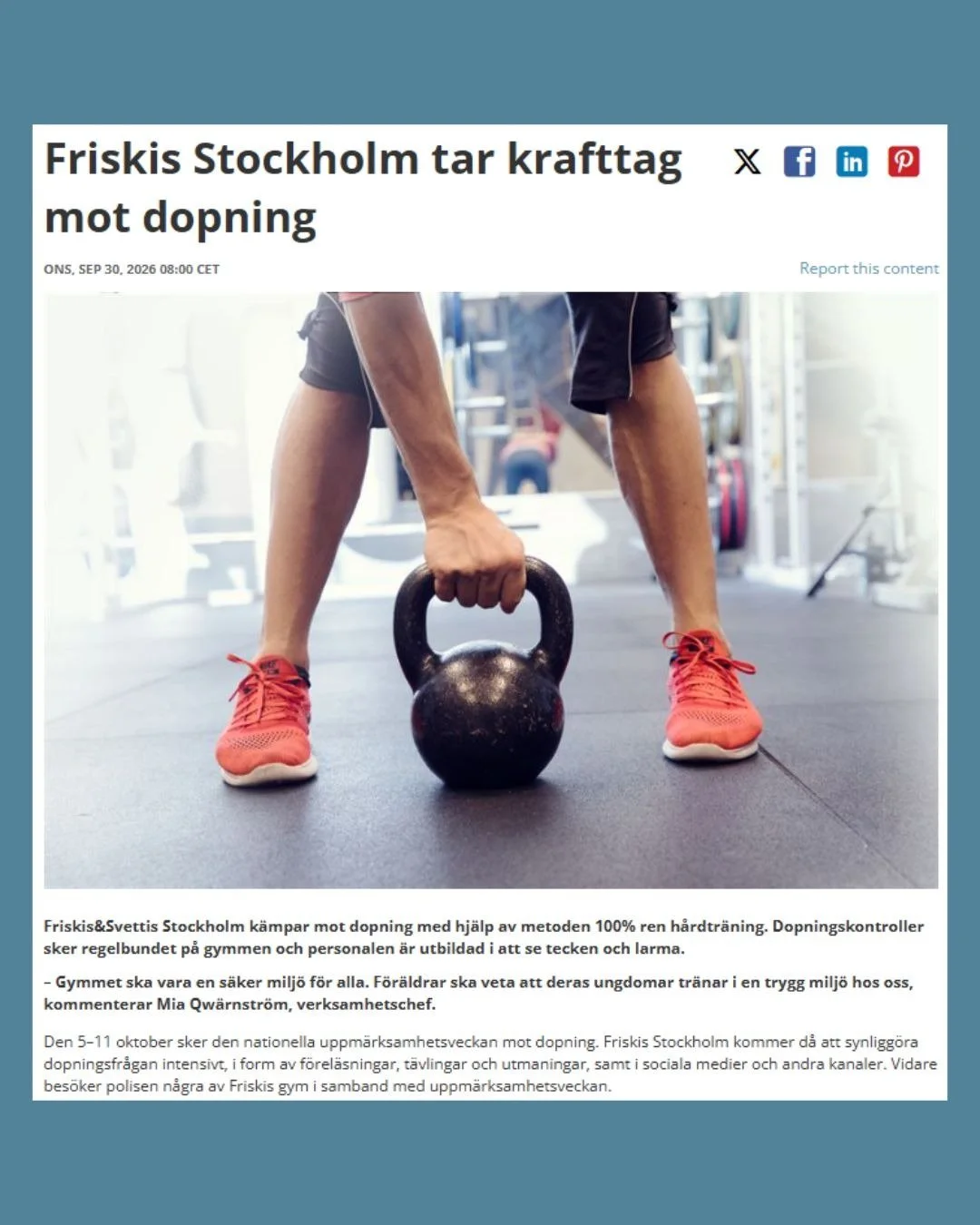 "Friskis&amp;Svettis Stockholm k&auml;mpar mot dopning med hj&auml;lp av metoden 100% Ren H&aring;rdtr&auml;ning. Dopningskontroller sker regelbundet p&aring; gymmen och personalen &auml;r utbildad i att se tecken och larma."
 
L&auml;s hel