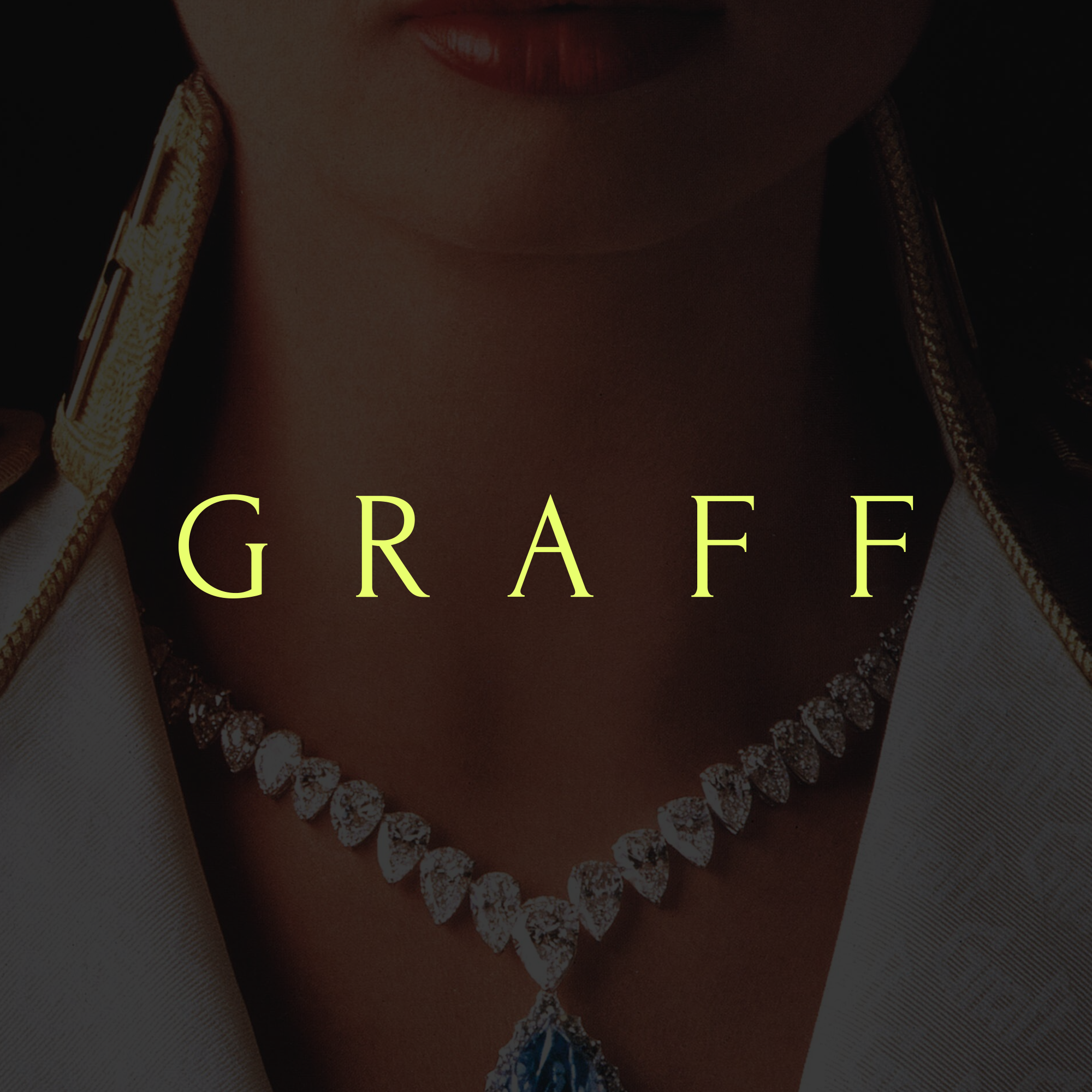 Close-up of a woman wearing an elegant diamond necklace, with the word 'GRAFF' overlaid in yellow text.