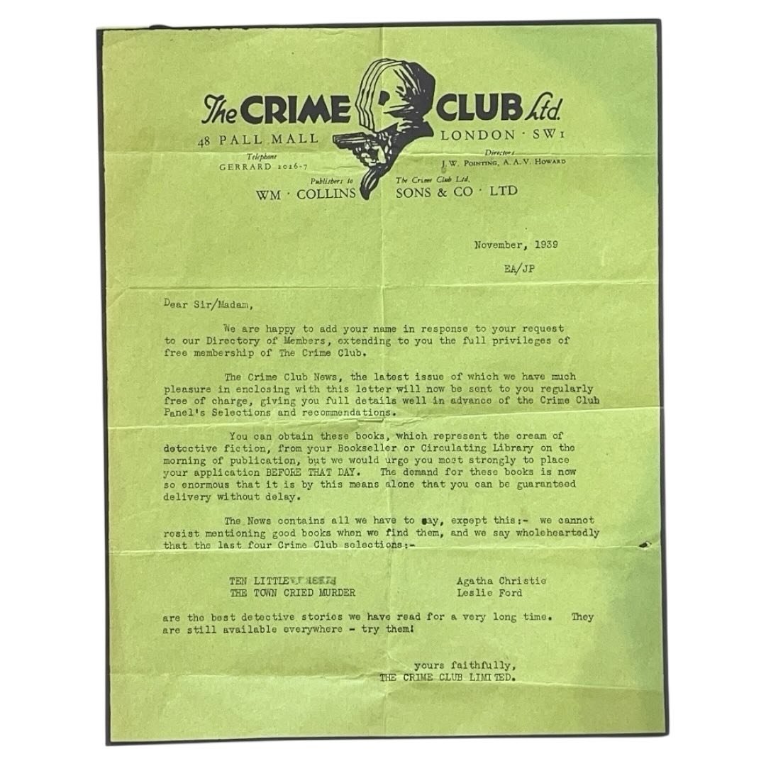Really cool Collins Crime Club letter to a new subscriber detailing information about the club and also two upcoming titles. Mentioning Agatha Christie and Leslie Ford. Can&rsquo;t find any similar items online. Racial slur has been blurred out for I
