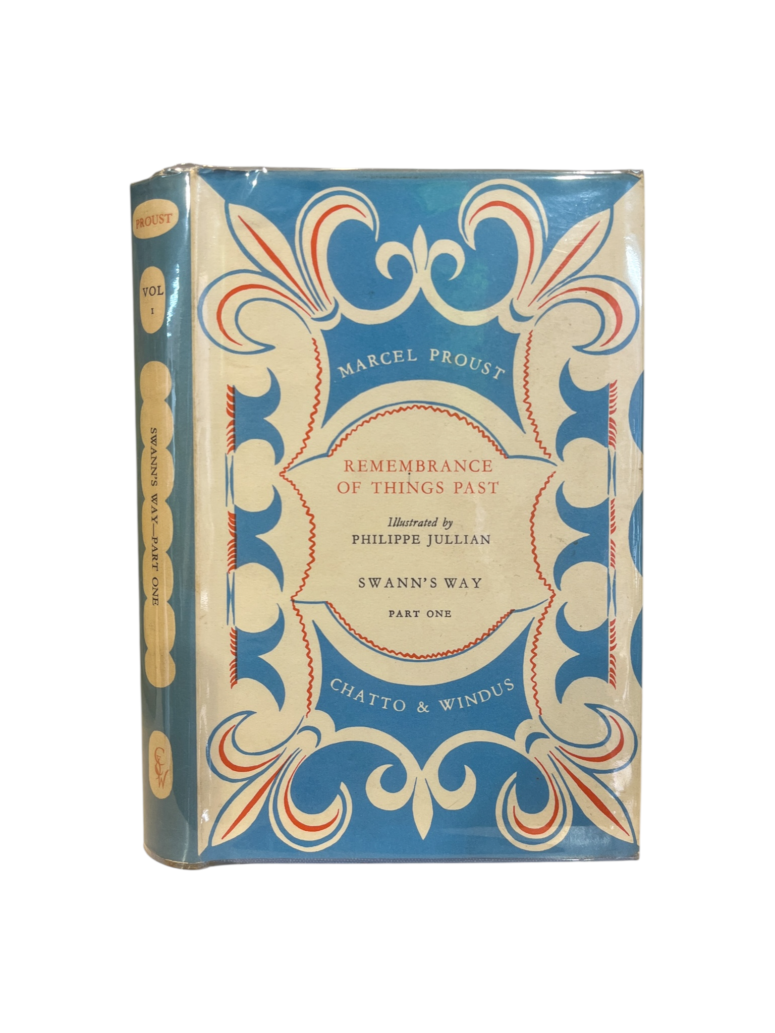 Close-up of the front cover of a book titled 'Remembrance of Things Past' by Marcel Proust, illustrated by Philippe Jullian. The cover has a decorative blue and beige pattern with red accents.