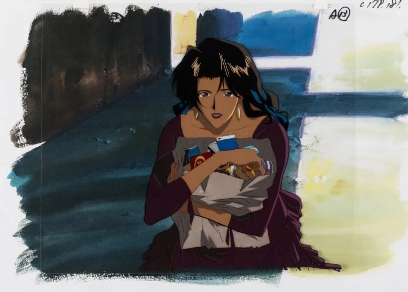 Animated woman with dark hair and earrings sitting against a wall, holding a grocery bag filled with snacks and drinks.