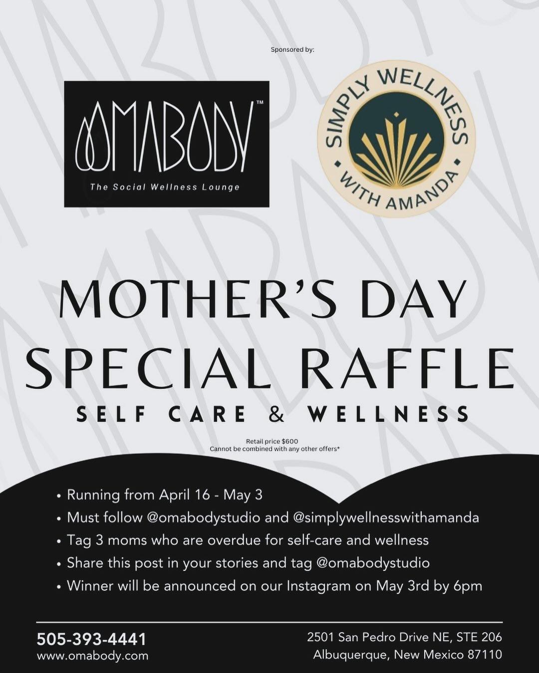 Mother&rsquo;s Day&nbsp;&nbsp;G I V E A W A Y! Enter to win a VIP membership at OmaBody for your favorite mom. 

ENTER BY:
🖤Following our page @omabodystudio and @simplywellnessbyamanda
🖤Tag 3 moms in the comments
🖤Share this post to your stories 