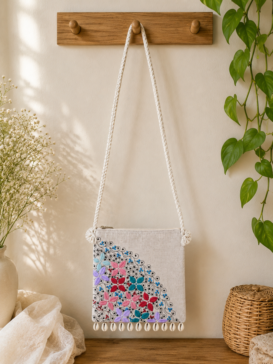 Handcrafted Jute Bag - Multicolour Floral Embroidery