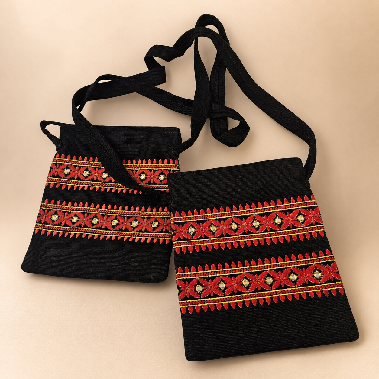 Handcrafted Embroidered Jute Bag with Mirror Accents