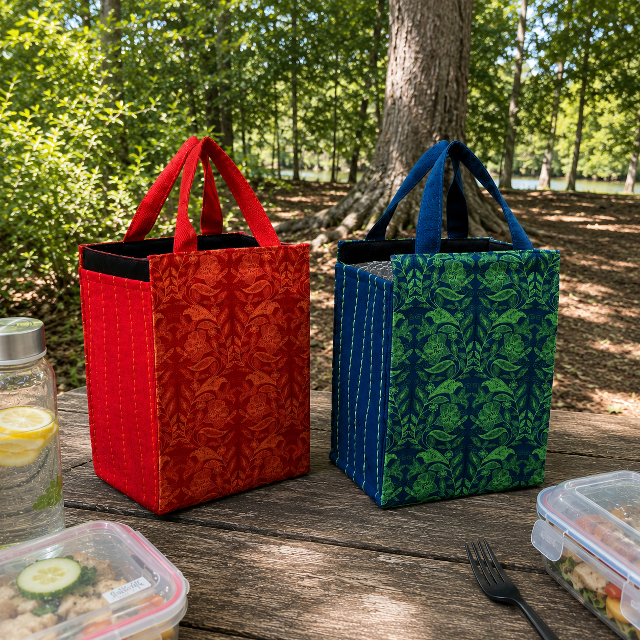 Thermal Insulated Lunch Bag with Foil Lining - Jute with screen-printed floral pattern