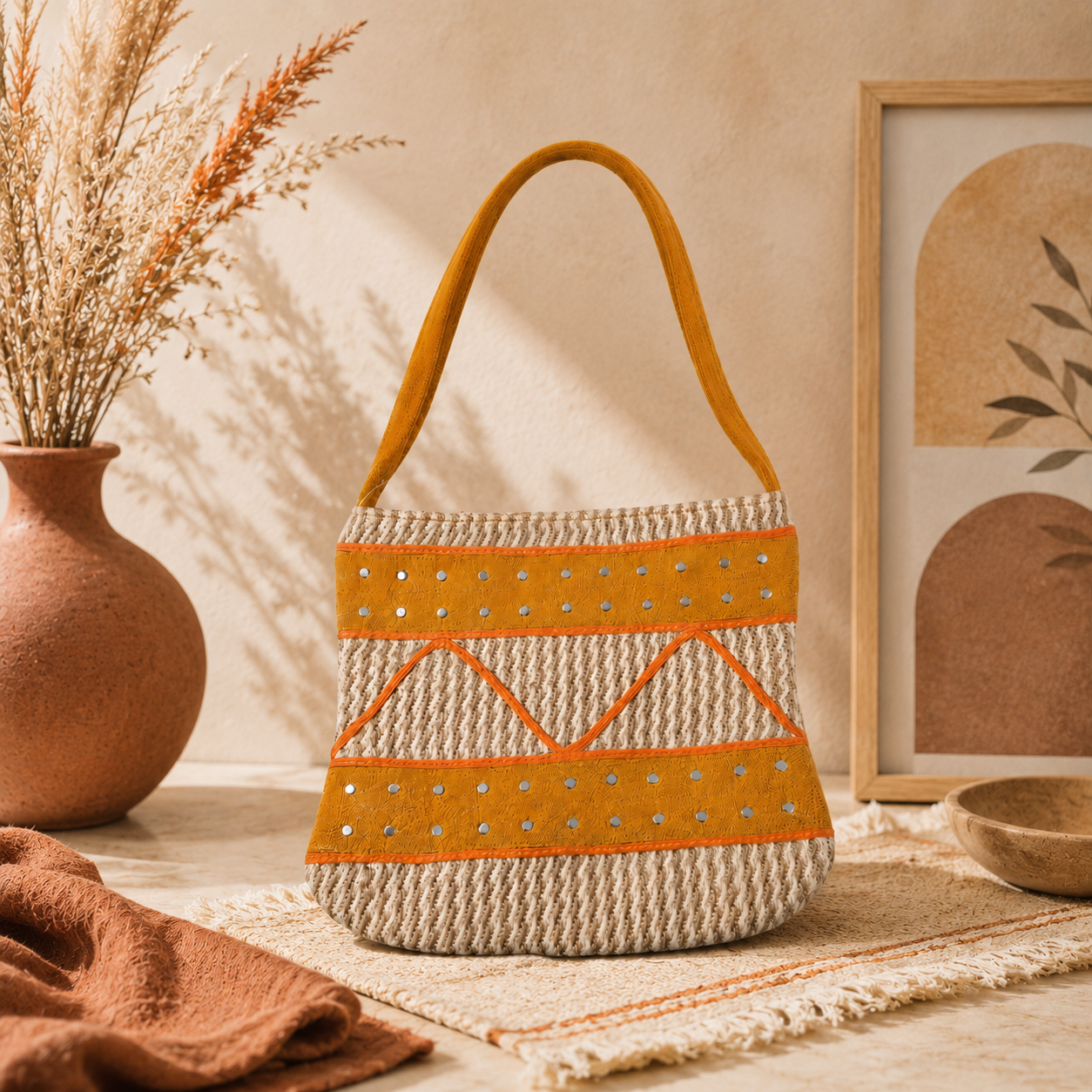 Handcrafted Jute Bag with Ochre Suede Accents and Metal Studs
