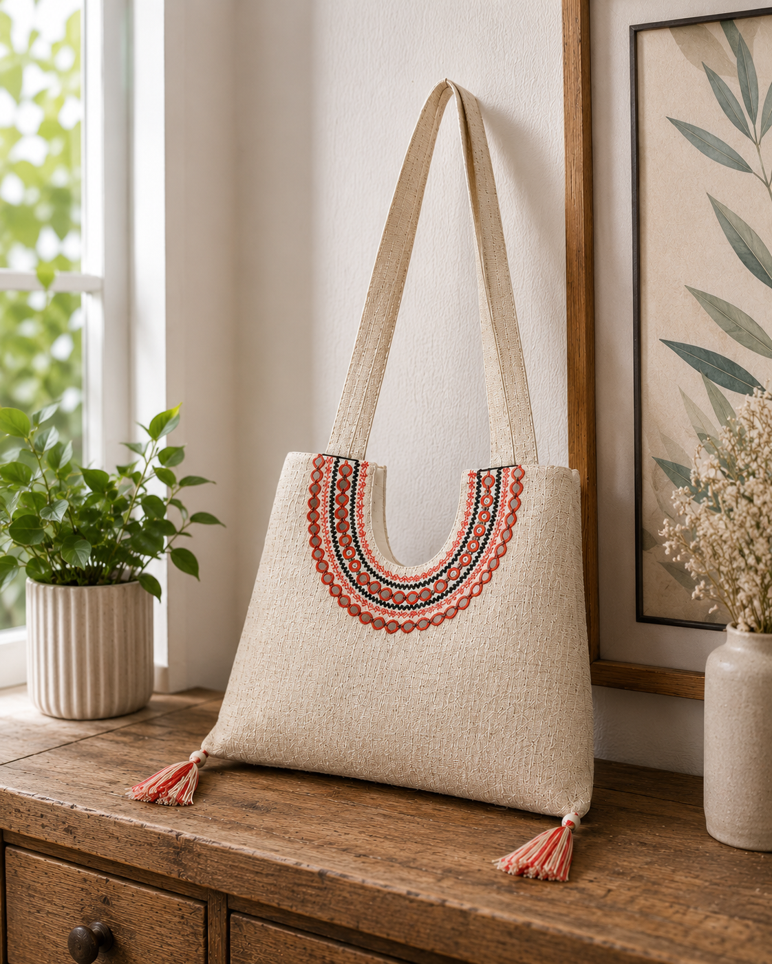 Beige Jute Shoulder Bag with Embroidery and Glass Details
