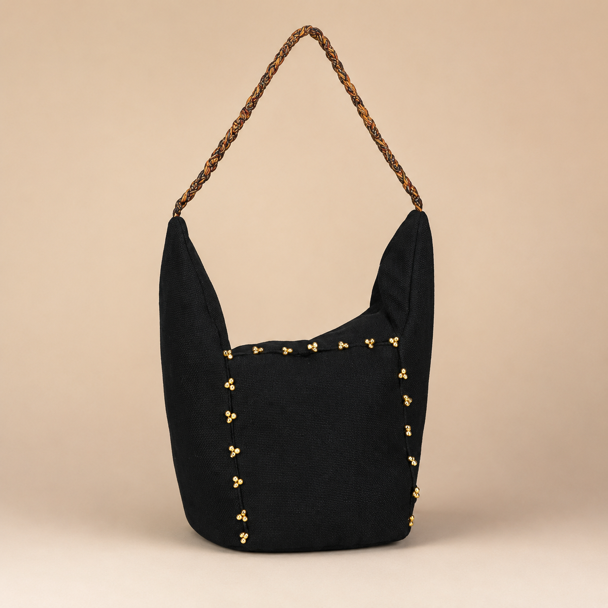 Black Jute Hobo Bag with Golden Jingle Bead Accents