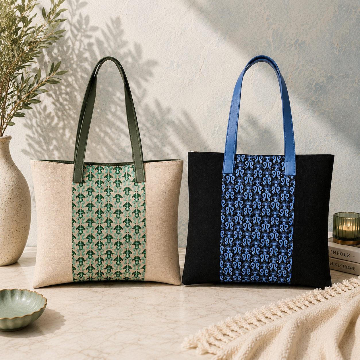 Jute Cotton Shoulder Bag with Leather Handles
