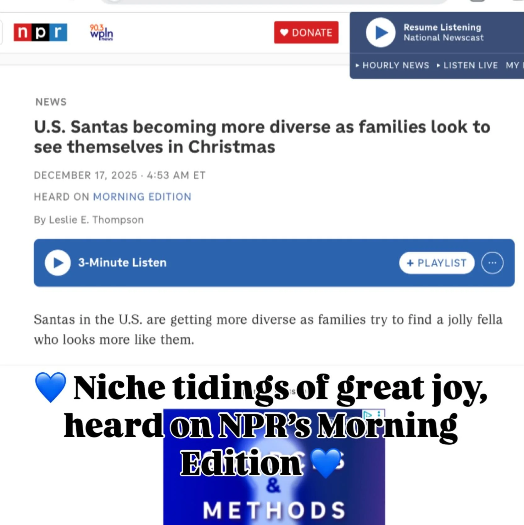 NPR got a whole lot more niche today. @leslieeilerthompson&rsquo;s reporting about one of our favorite Santas, @seesantashed, made @npr&rsquo;s @morningedition today. Listen online now!