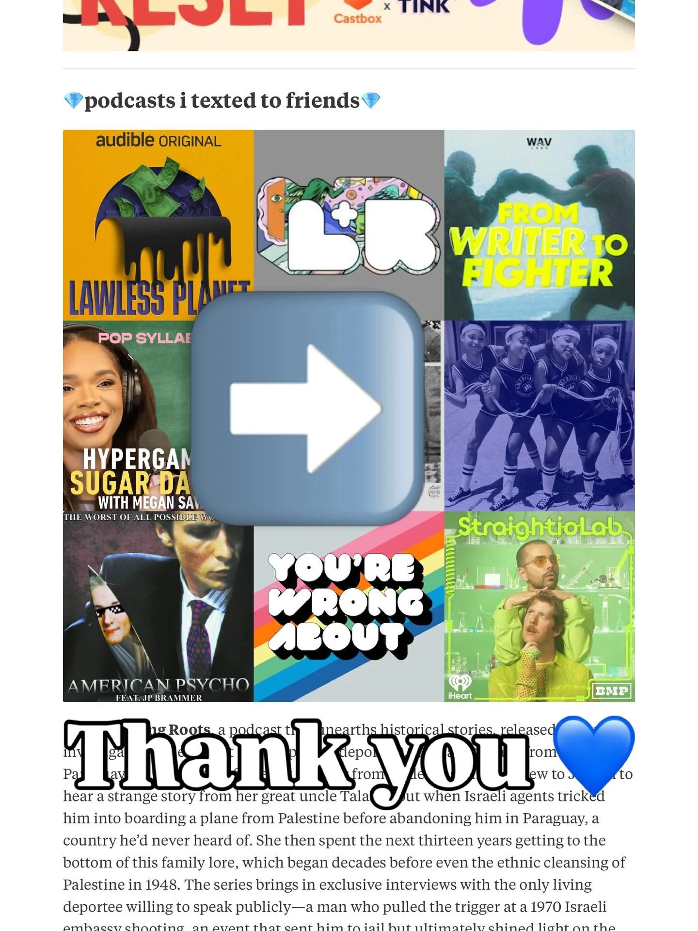 We love a surprise mention from @laurenpassell in her weekly Podcast Newsletter features. She sees this project so clearly and we are so grateful for her critical ear.