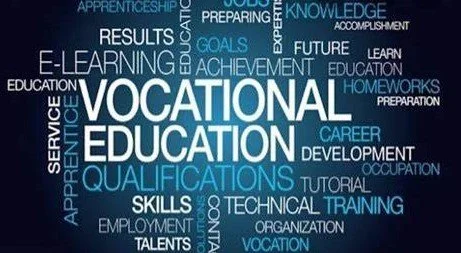 Word cloud with terms related to education and vocational training, including 'Vocational Education', 'Skills', 'Qualifications', 'Training', 'Employment', and 'Goals'.